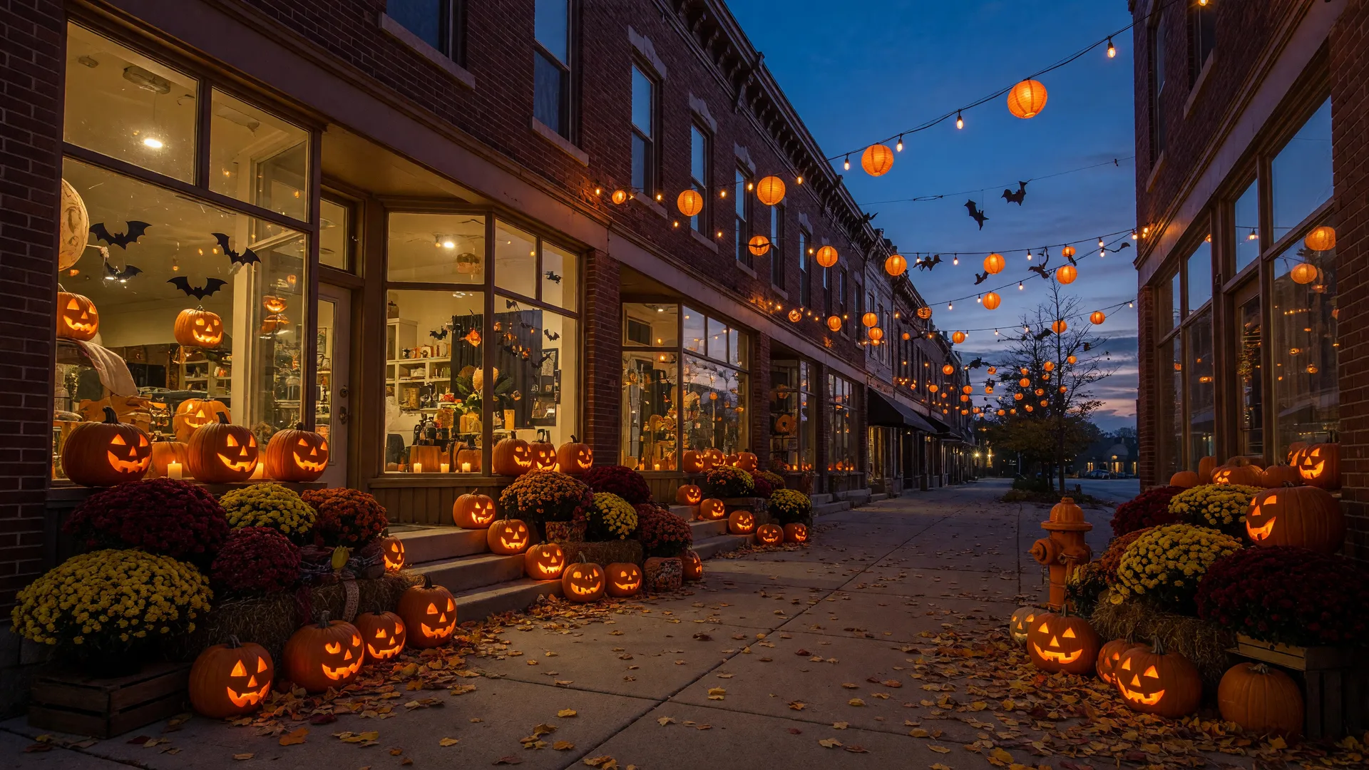 Mid-Michigan main street on Halloween night with glowing jack-o'-lanterns, mums, and warmly lit storefronts under a deep blue twilight sky