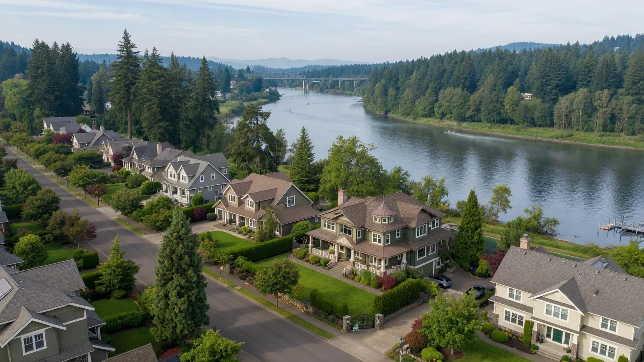 Scenic view of West Linn with river views and upscale homes along the Willamette