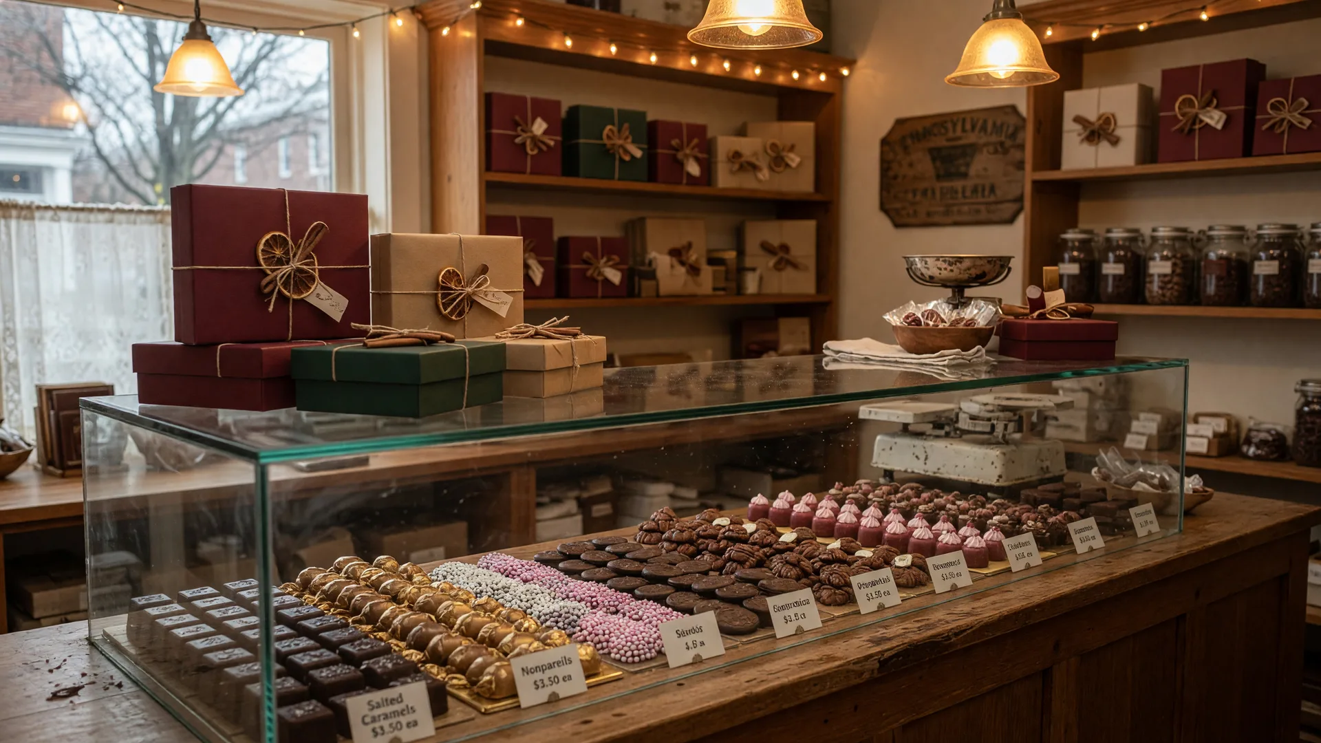 Handcrafted chocolates and caramels in a glass display case at a small Pennsylvania chocolate shop