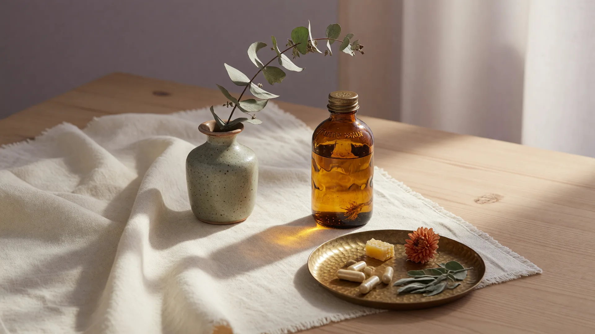 Linen, eucalyptus, and an amber glass bottle in soft morning light