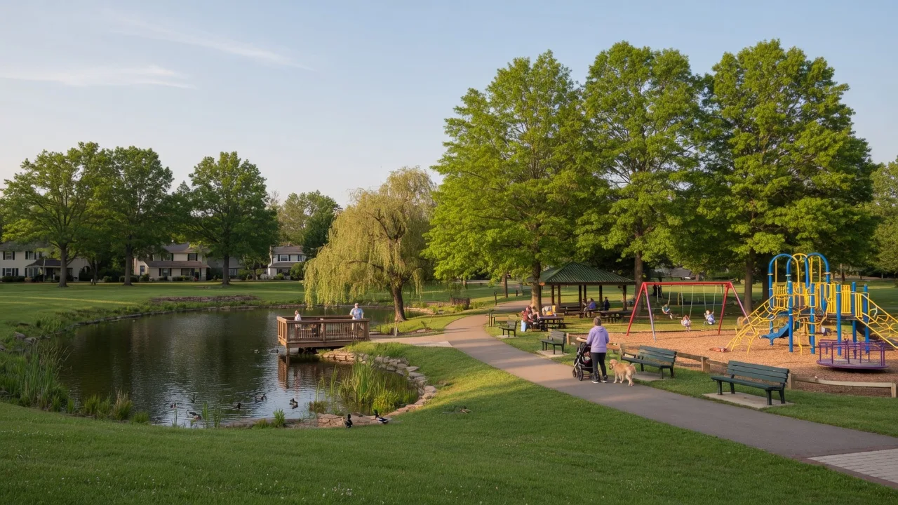 Wayne Park with green space, playground equipment, and mature trees
