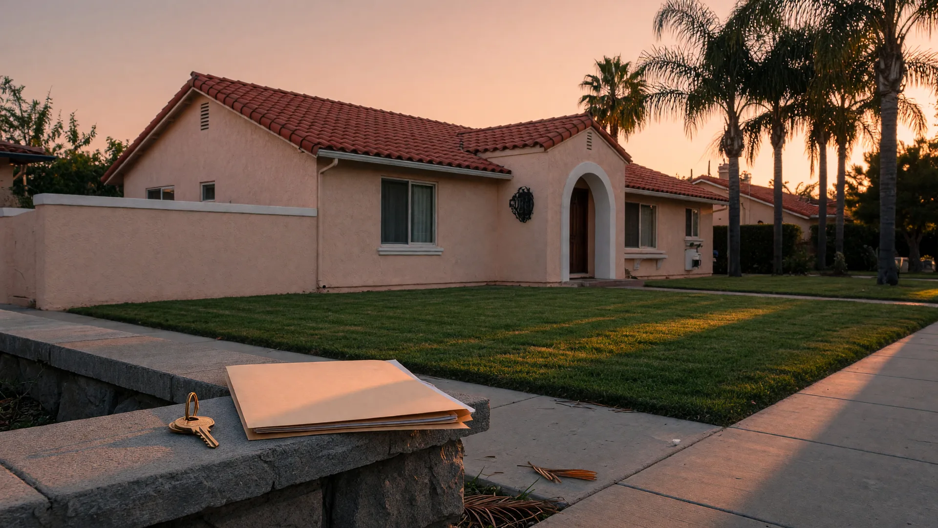 The front entry of a single-story Murrieta stucco home at golden hour, with a brass house key and a folder of papers on a stone planter in the foreground, representing a seller weighing a cash offer against listing on the open market
