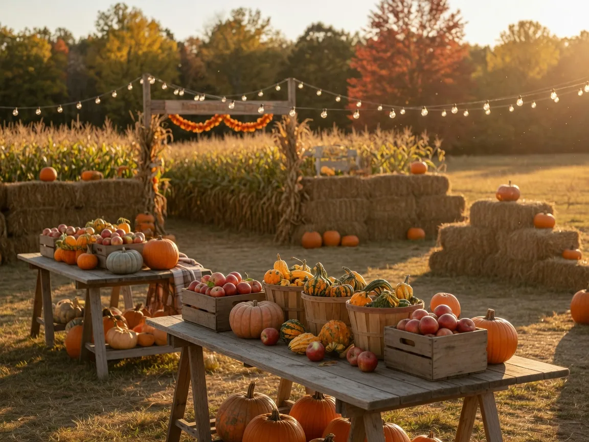 A North Carolina harvest farmers market and pumpkin patch in golden light, with crates of apples, gourds, and pumpkins on a farm table and a hay-bale corn maze entrance in the background