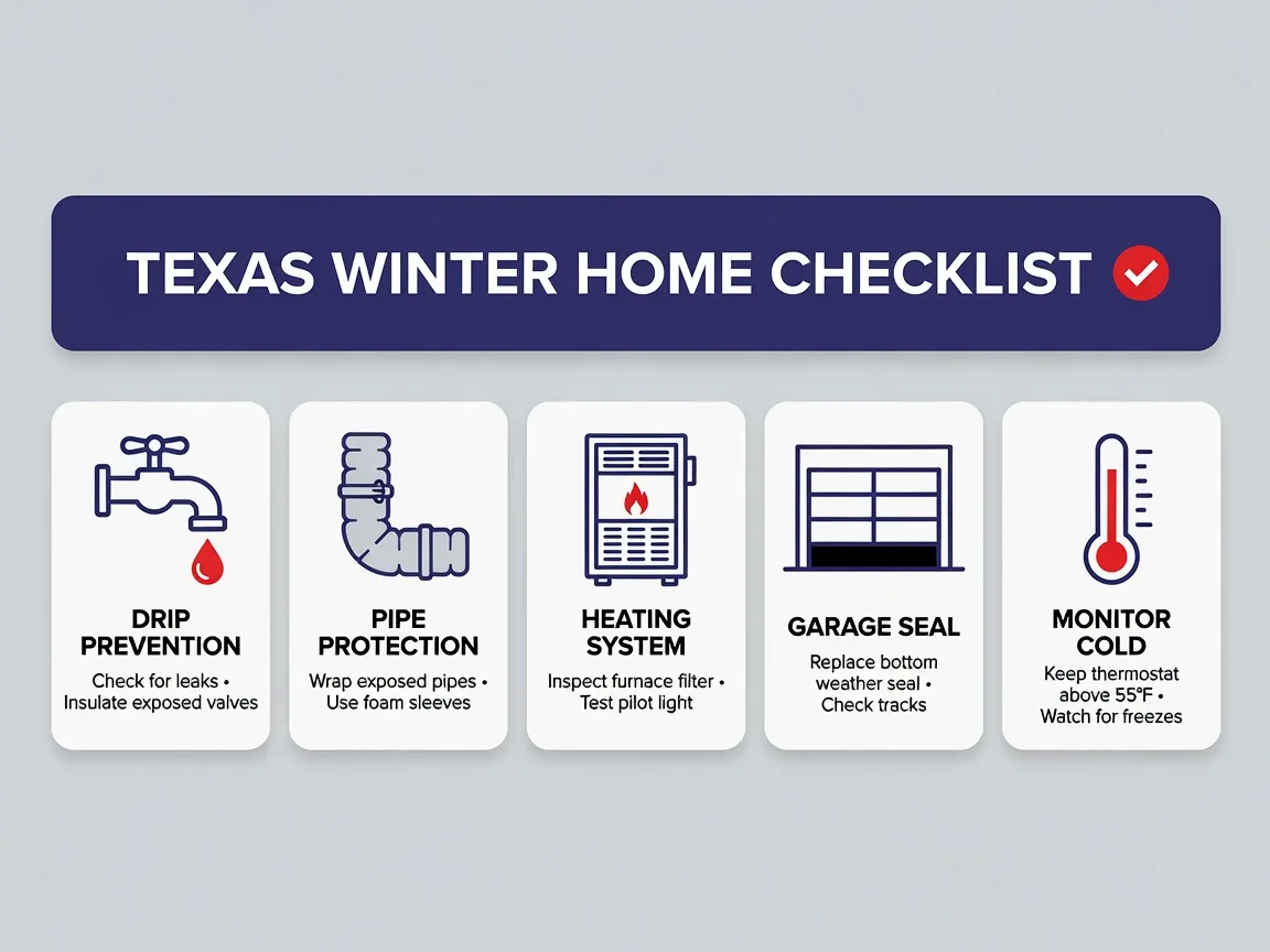 Winter home maintenance checklist infographic with icons for a dripping faucet, insulated pipe, furnace, garage door seal, and thermometer