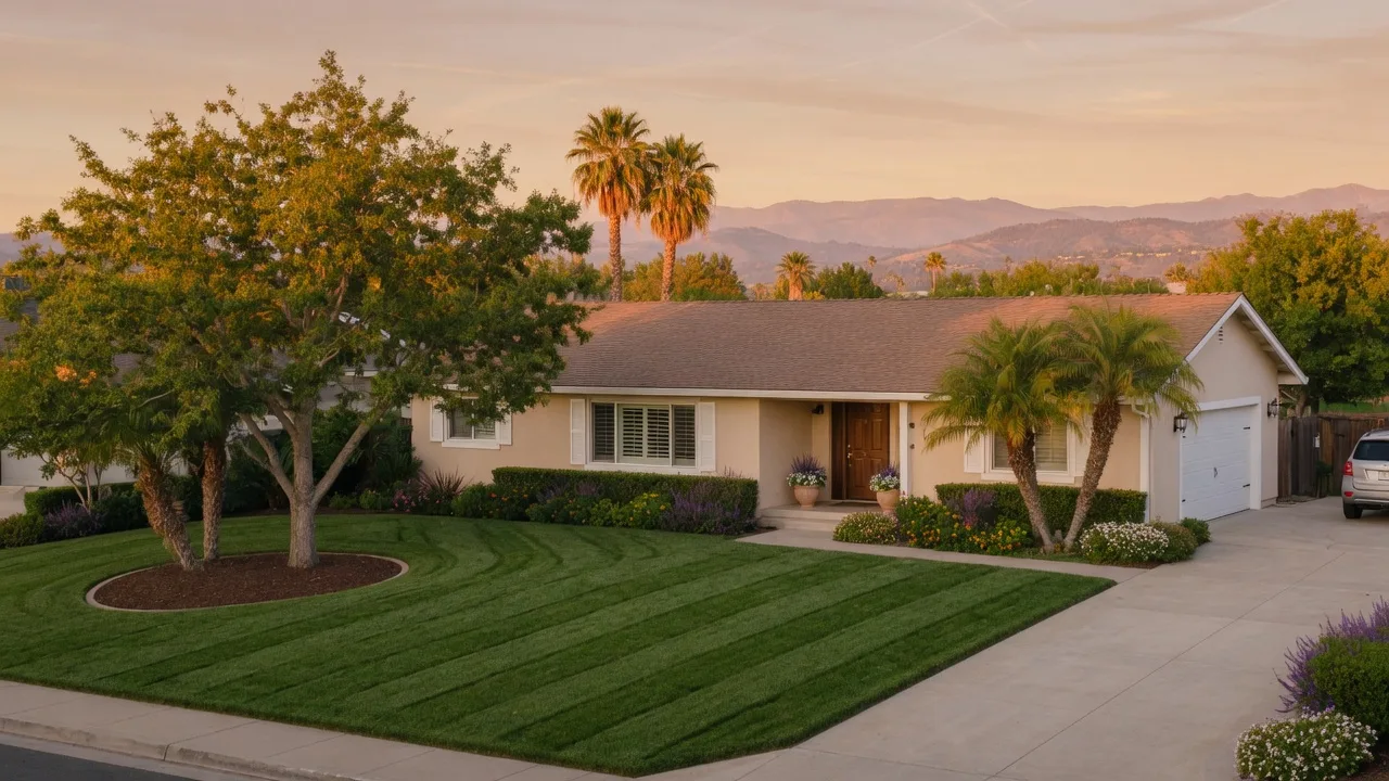 A well-presented single-family ranch home in a Merced County neighborhood at golden hour, with a manicured lawn, oak and palm landscaping, and the Sierra Nevada foothills on the horizon