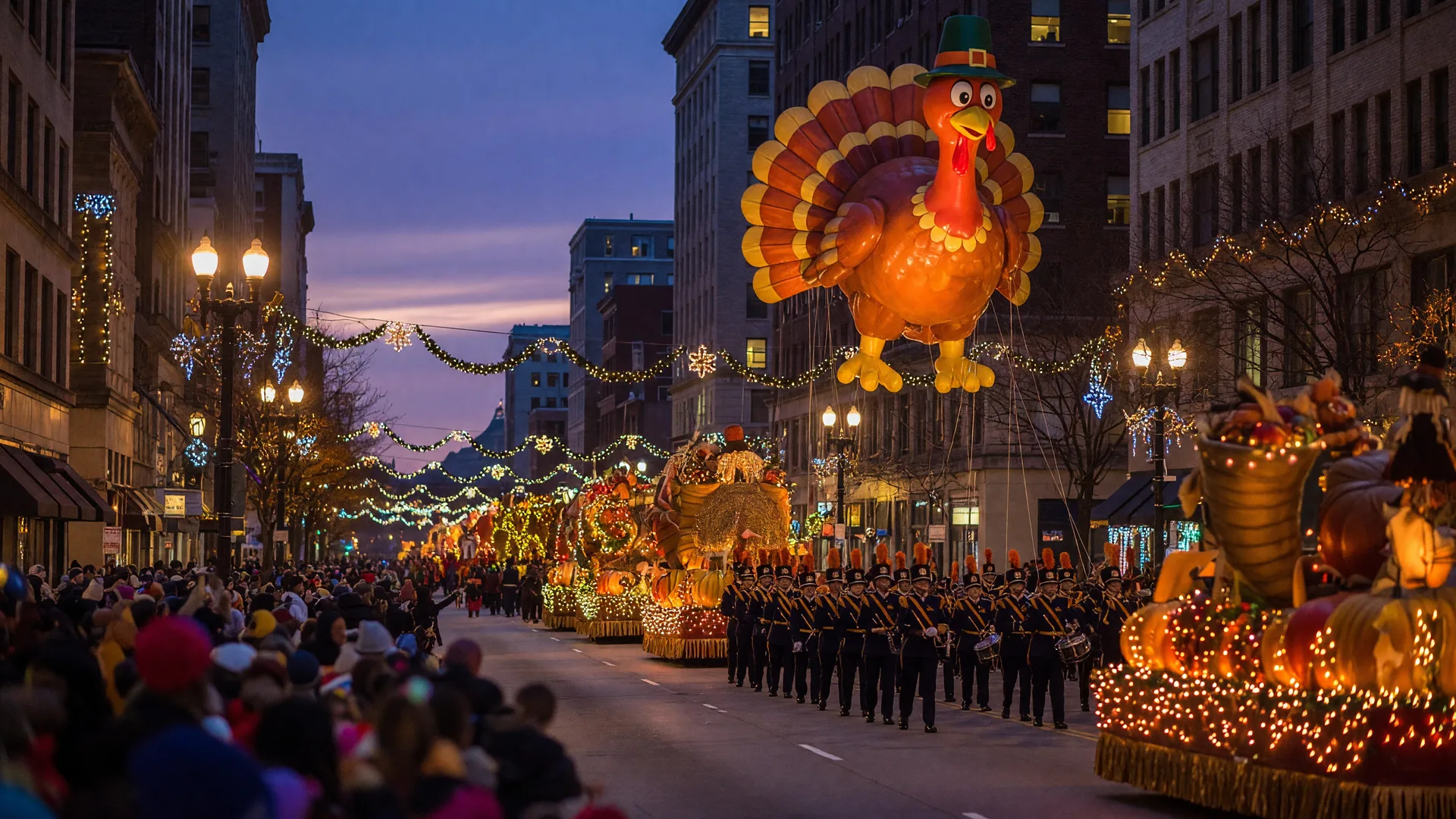 A downtown Thanksgiving Eve parade at dusk with a giant character balloon over the street, a marching band, warmly lit floats, and holiday lights on the buildings