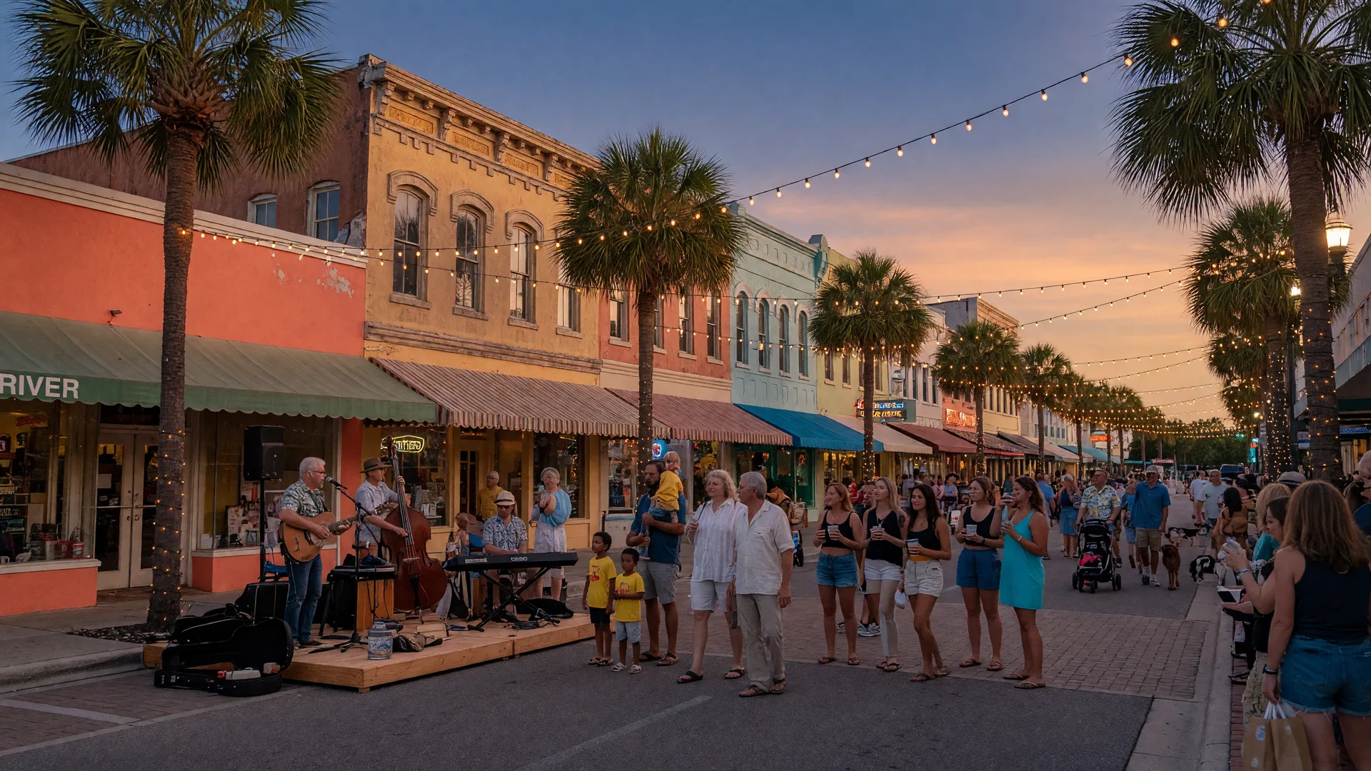 Downtown Fort Myers River District during Friday Music Walk at dusk, with palm trees, string lights, a live band on a low stage, and people strolling along First Street