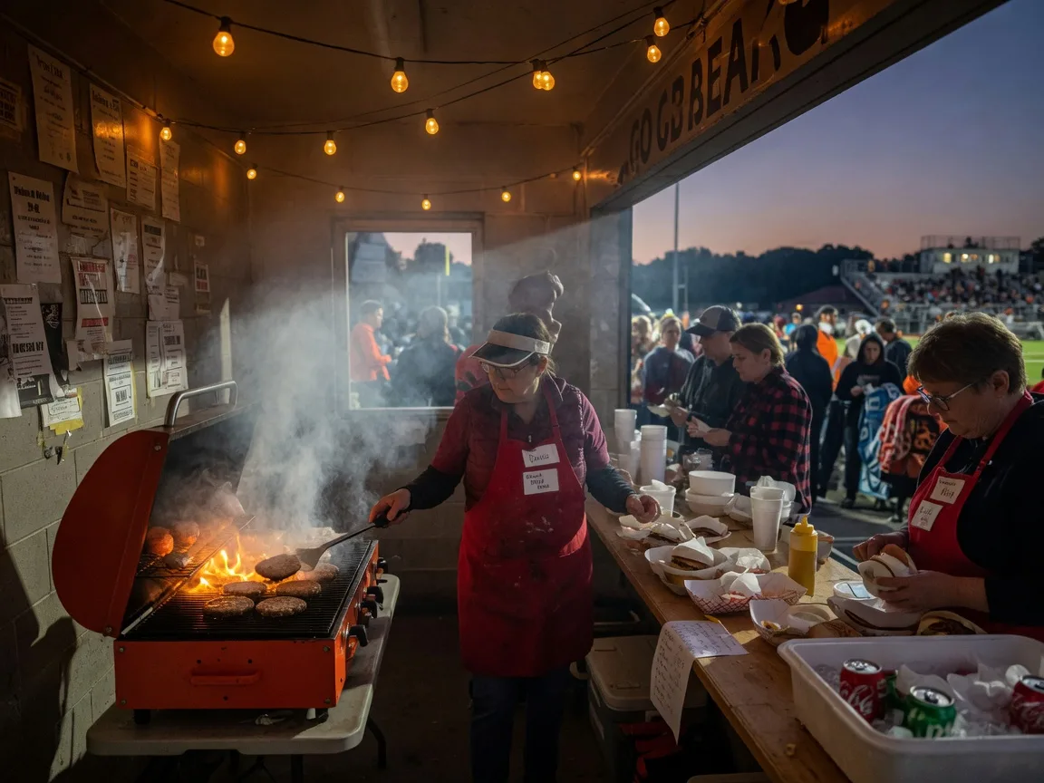 High school athletic booster club parent volunteers grilling hamburgers and serving at a string-light-lit concession stand inside a small-town Ohio football stadium on a cool September evening