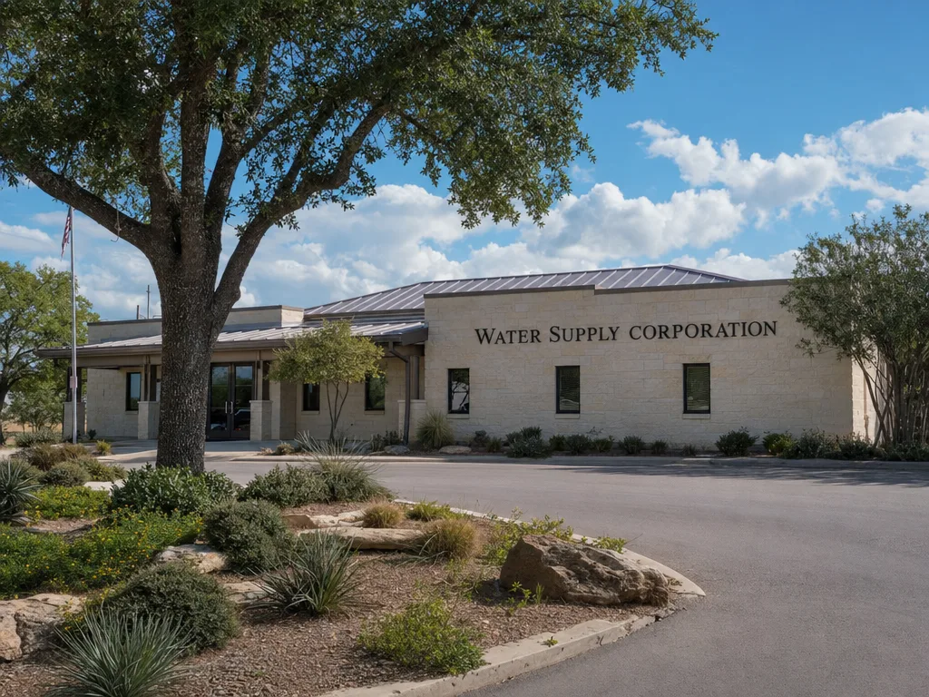 Fenced Water Supply Corporation utility site with above-ground piping, valves, meters and an equipment building