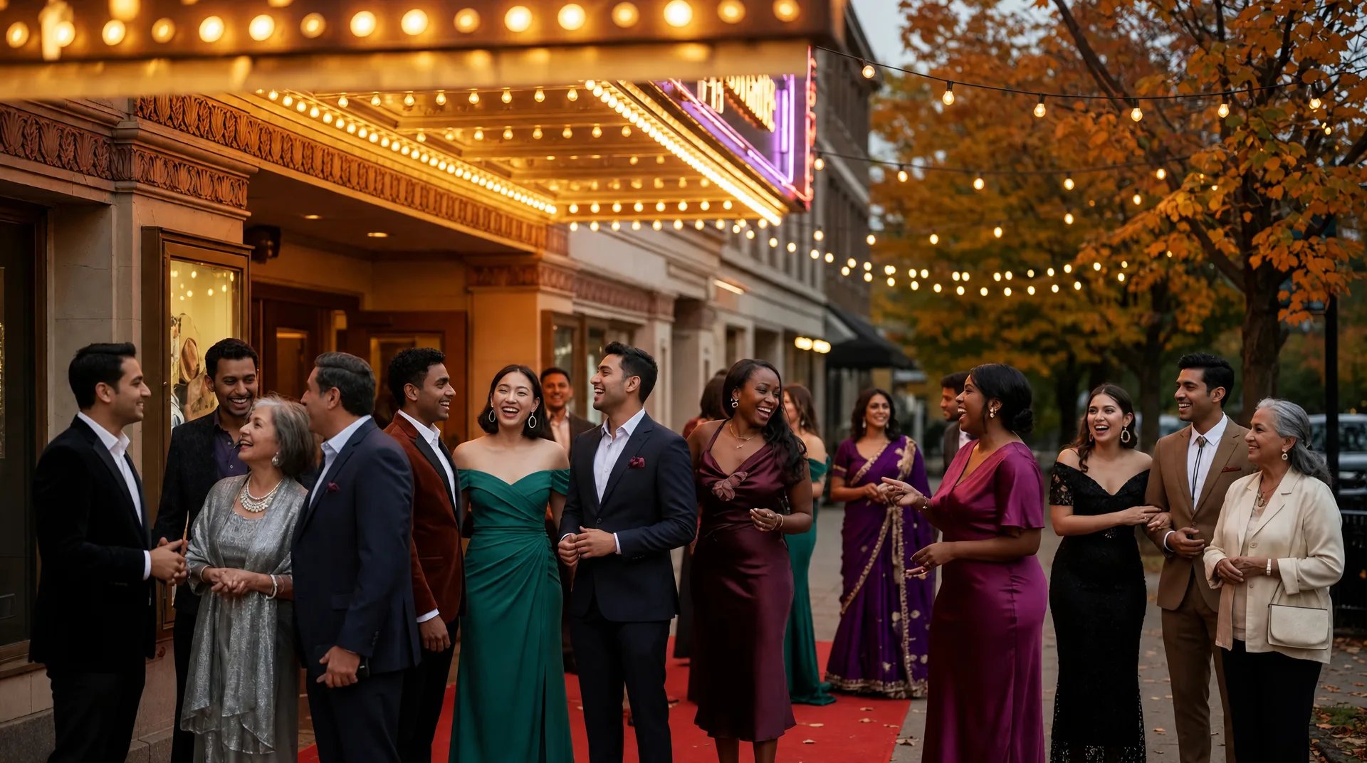 A film festival evening in downtown Montclair with a historic brick cinema entrance, red carpet and velvet stanchions, a festive crowd under warm string lights, and golden autumn trees