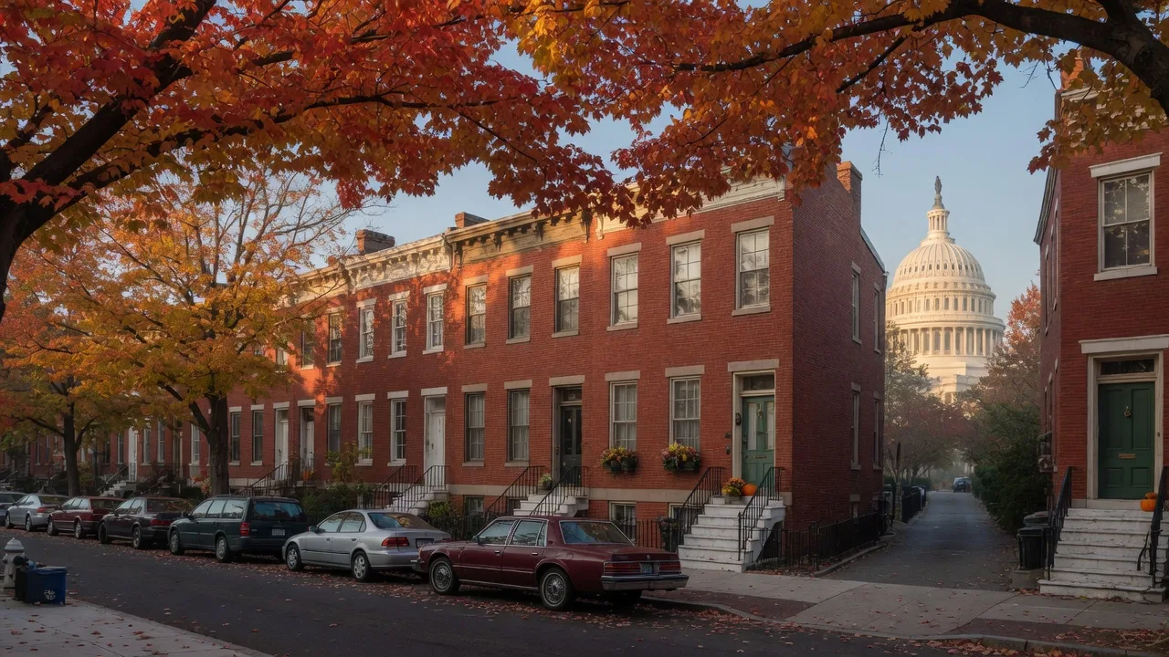 Classic brick rowhouses on a tree-lined street in the Capitol Hill neighborhood of Washington DC on a crisp mid-October morning, red and gold maples overhead, warm light on white marble stoops, and the US Capitol dome faintly visible at the end of the block