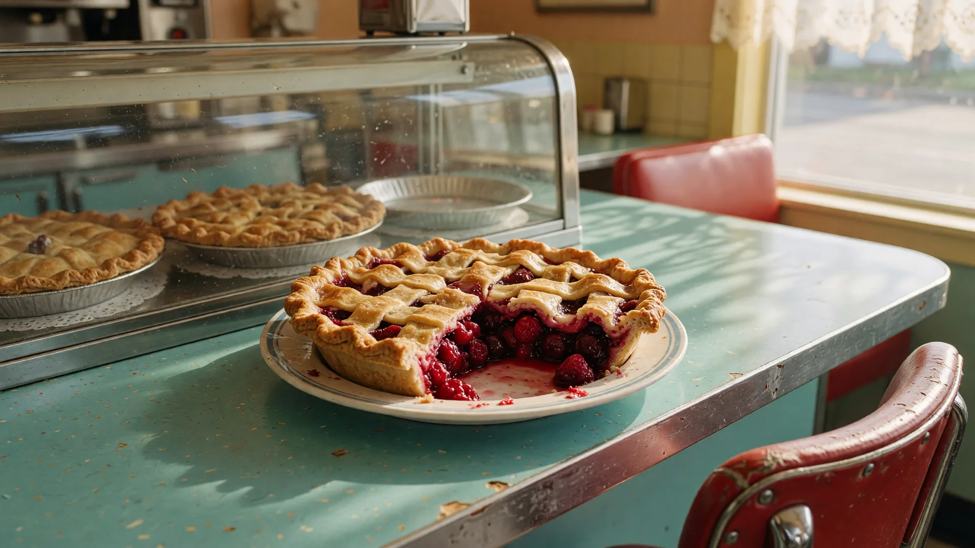 A homemade fruit pie with a golden lattice crust on a vintage diner counter with more pies in a glass display case