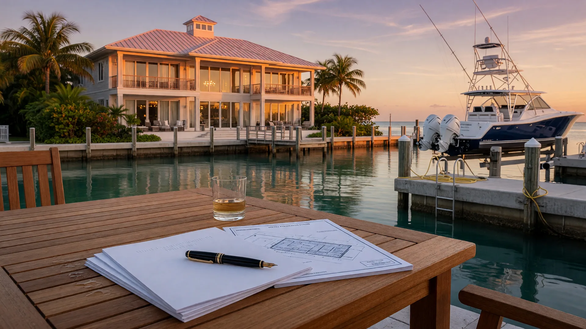 A fountain pen resting on a real estate purchase contract and a folded survey plat on a teak dock table in the Florida Keys at golden hour, an elevated luxury waterfront home with a metal roof and a private dock with a boat lift and sportfishing yacht glowing behind on a deep-water canal