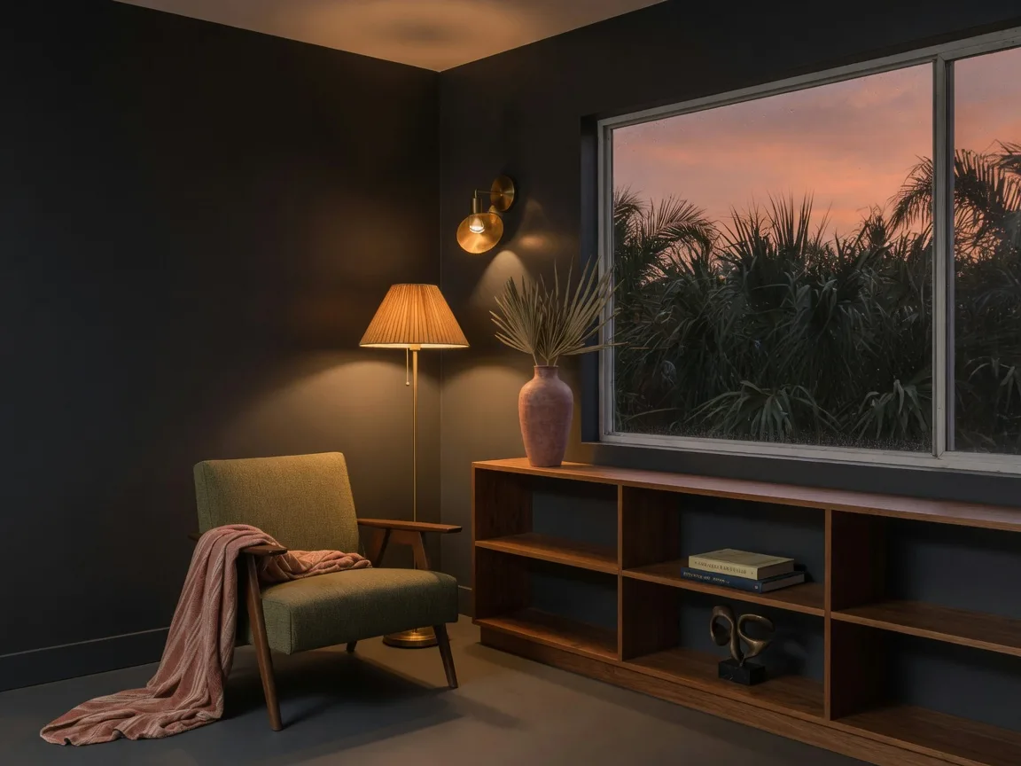A calm, simplified Florida living room with a reading chair by the window in warm dusk light