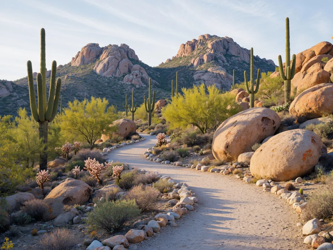 Desert hiking trail with saguaro cacti at White Tank Mountain Regional Park near Surprise