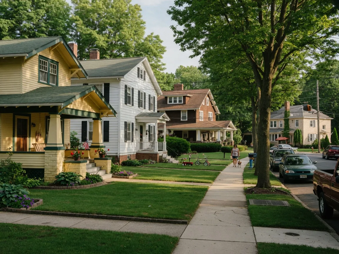 Tree-lined residential street in the Brookdale section of Bloomfield NJ with craftsman bungalows and colonial homes under warm summer light