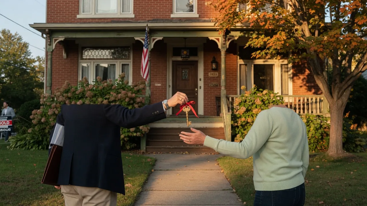 A key being handed over at a home closing in front of a charming older home in Northeast Ohio