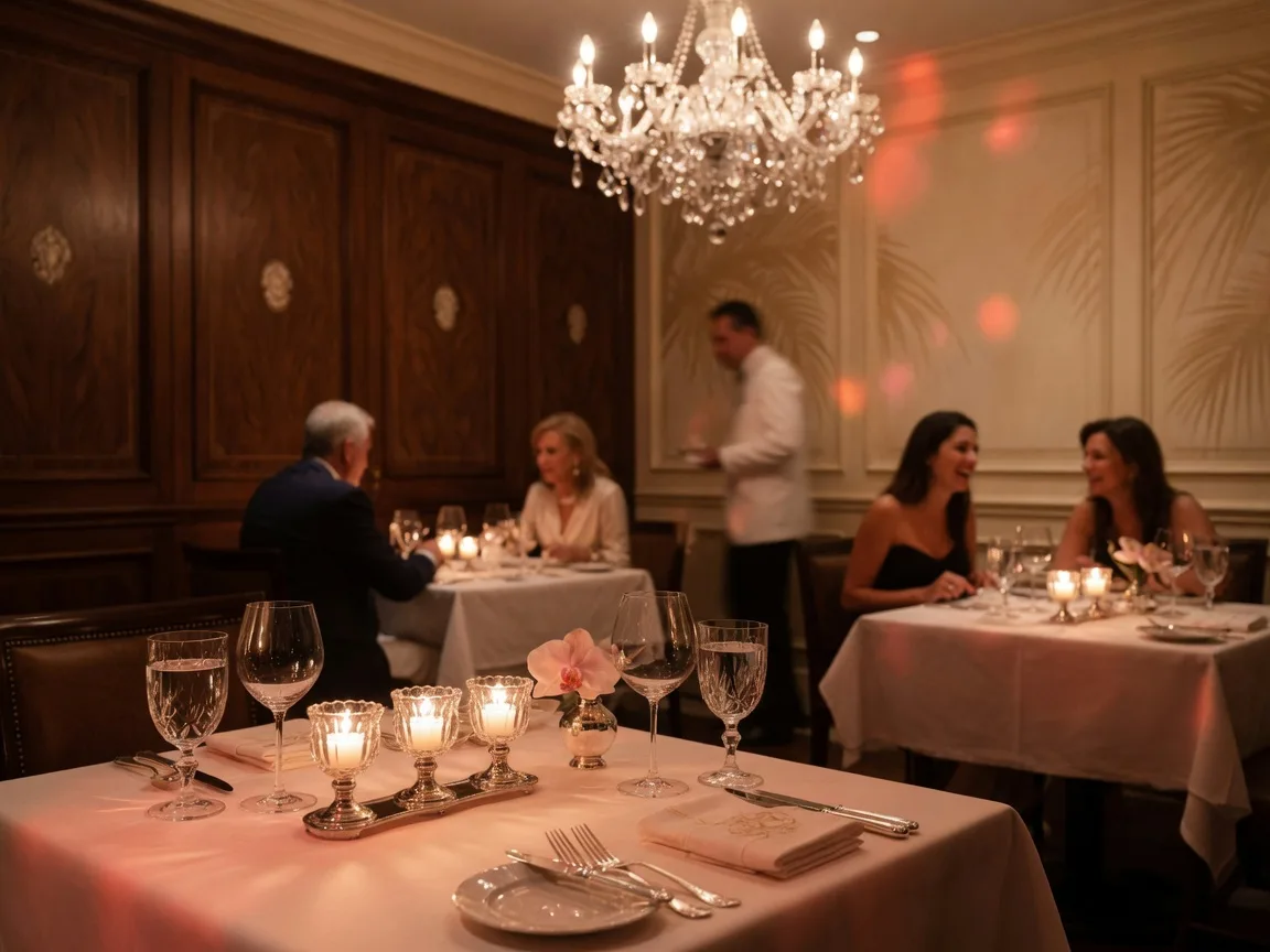 Upscale fine dining restaurant interior with white linen, candlelight, and crystal glassware