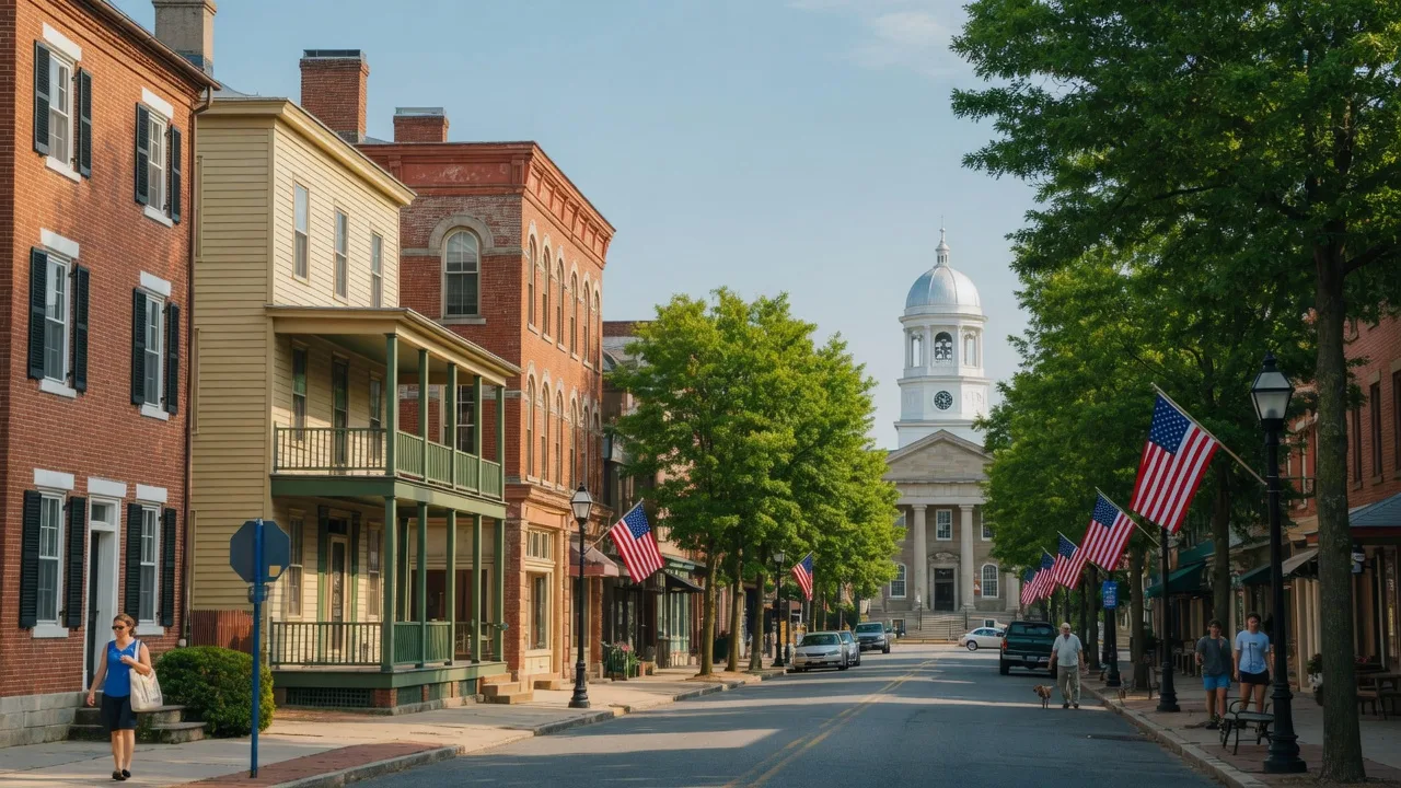 Historic Main Street in Mount Holly New Jersey with preserved 18th and 19th century buildings, the Burlington County Courthouse in the distance, and pedestrians on a warm summer afternoon