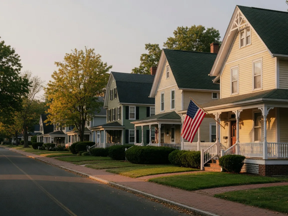 Quiet tree-lined street in a historic New Jersey river town with well-preserved Victorian and colonial homes in warm late-afternoon light