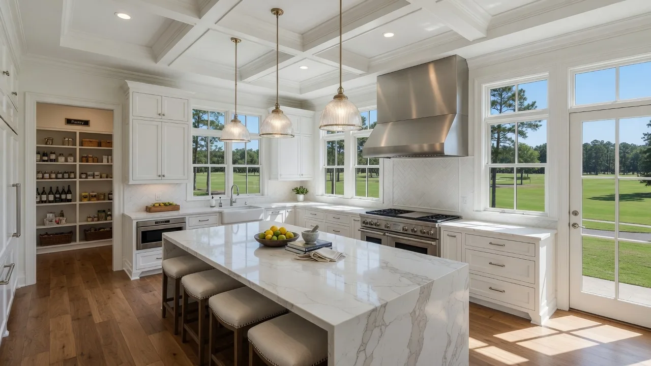 Gourmet kitchen with large center island, white quartz countertops, and premium stainless steel appliances