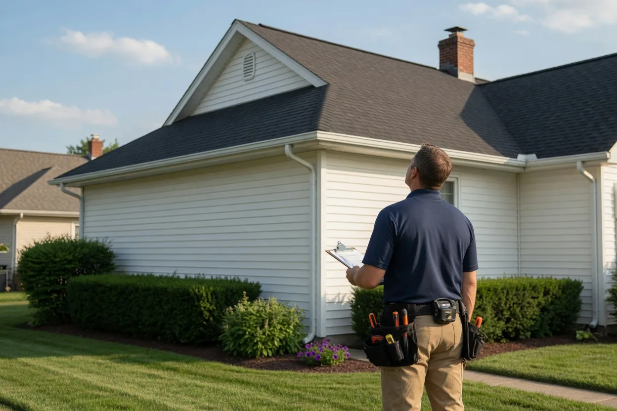 Home inspector examining the roofline of a home