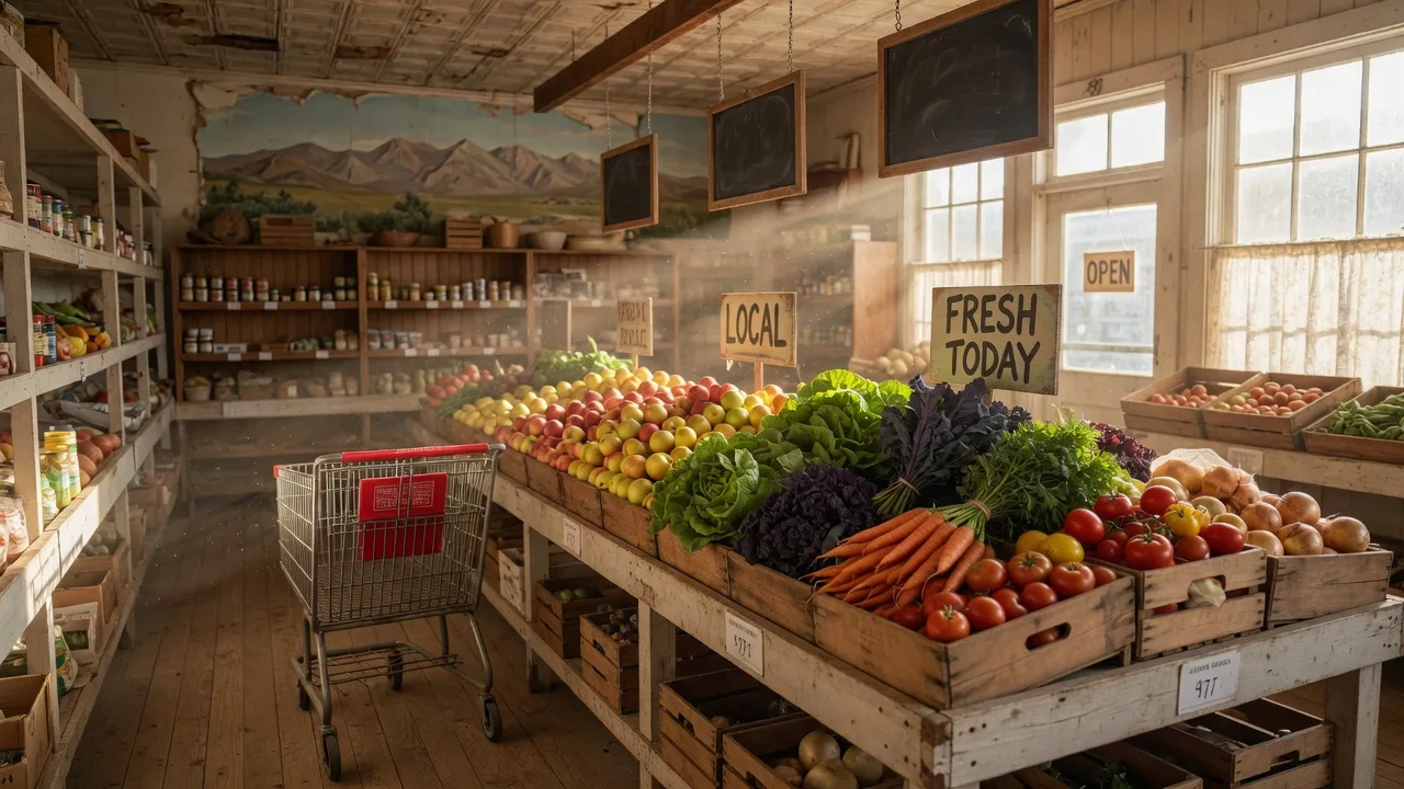 A bright, welcoming grocery market in a small Western Nevada town with wooden crates of fresh produce under warm morning light.