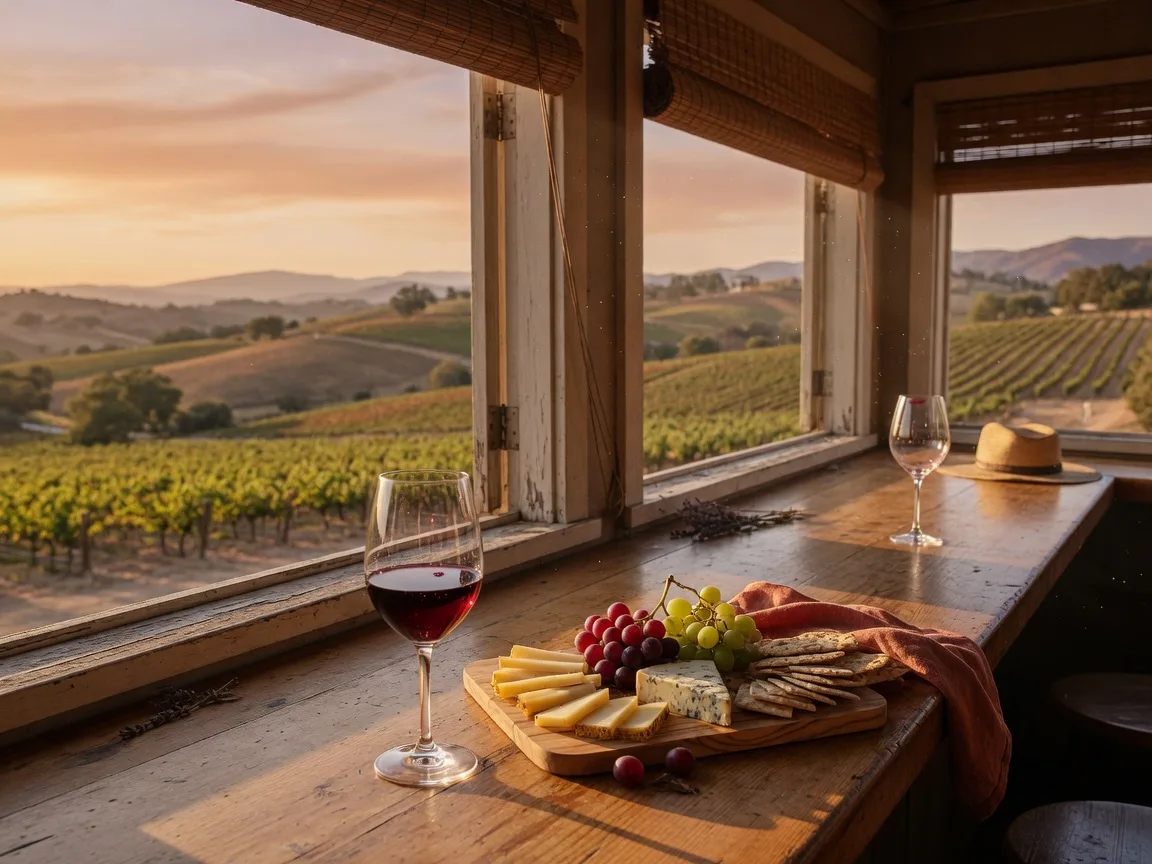 A rustic wine bar with a glass of red wine and a cheese board overlooking golden vineyard hills near Murrieta