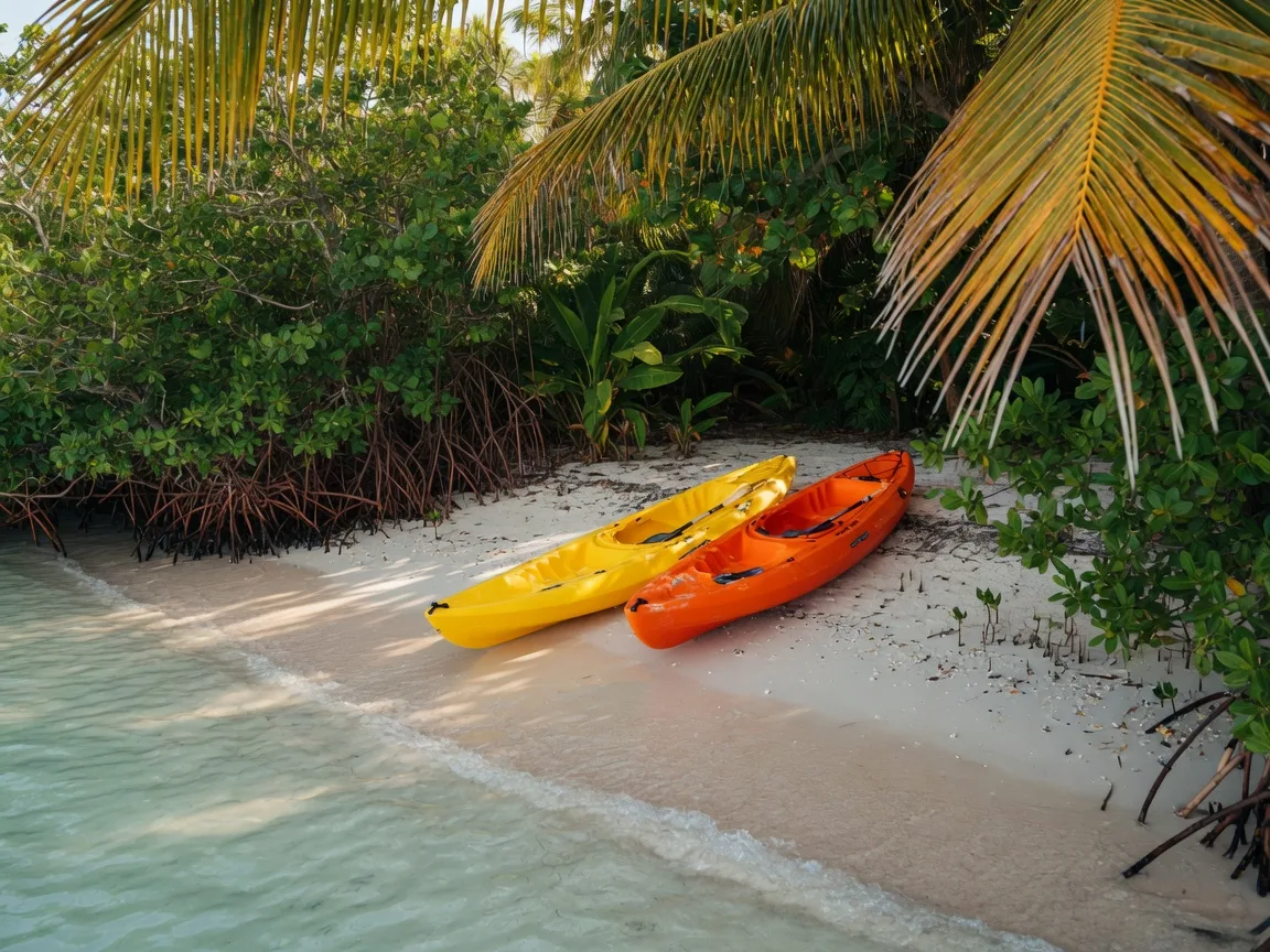 Two colorful kayaks on a secluded sandy beach in the Florida Keys, surrounded by palm trees and mangroves with clear turquoise water