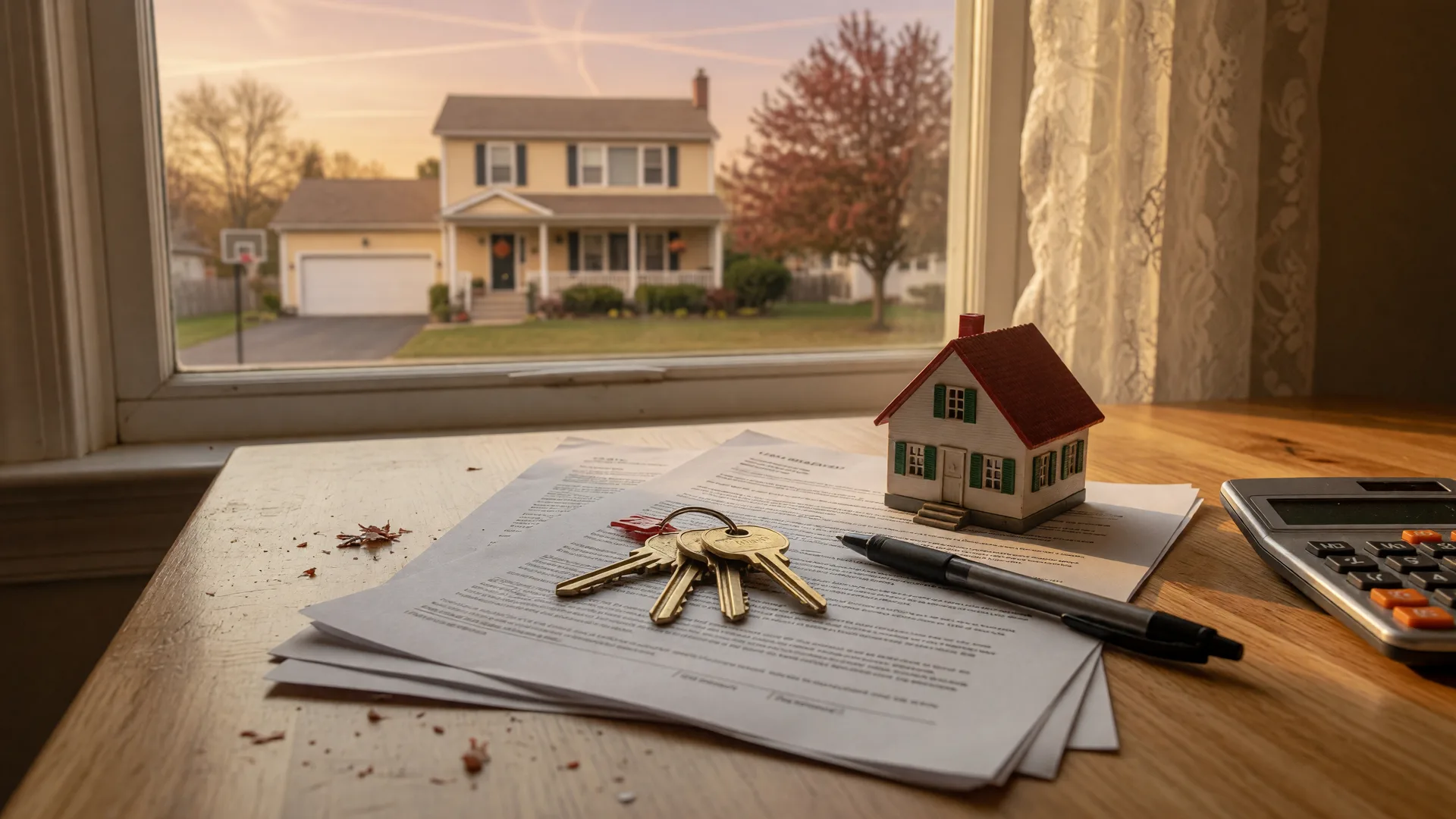 House keys resting on a lease agreement beside a small wooden model home and a calculator on a table, with a Mid-Michigan home visible through the window in warm afternoon light