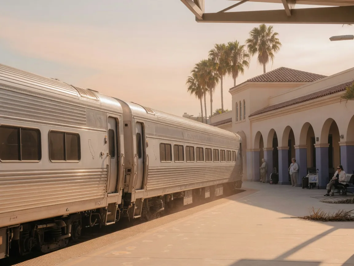 Silver regional passenger train at a sunlit suburban California station platform in warm afternoon light