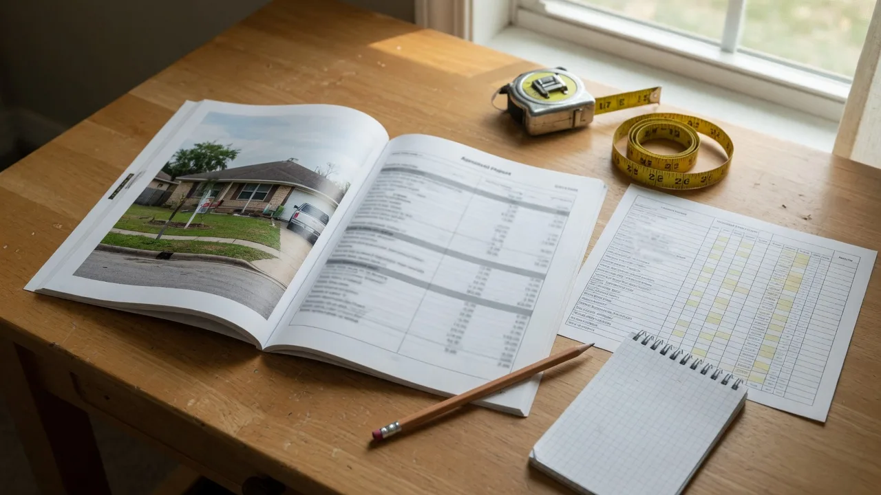 Residential appraisal report beside a home photo and comparables grid with measuring tape