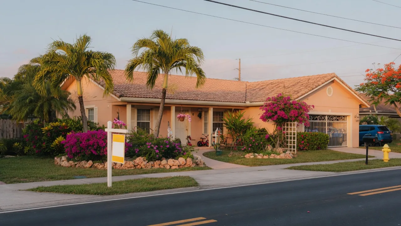 South Florida home with For Sale sign on a sunny morning with tropical landscaping
