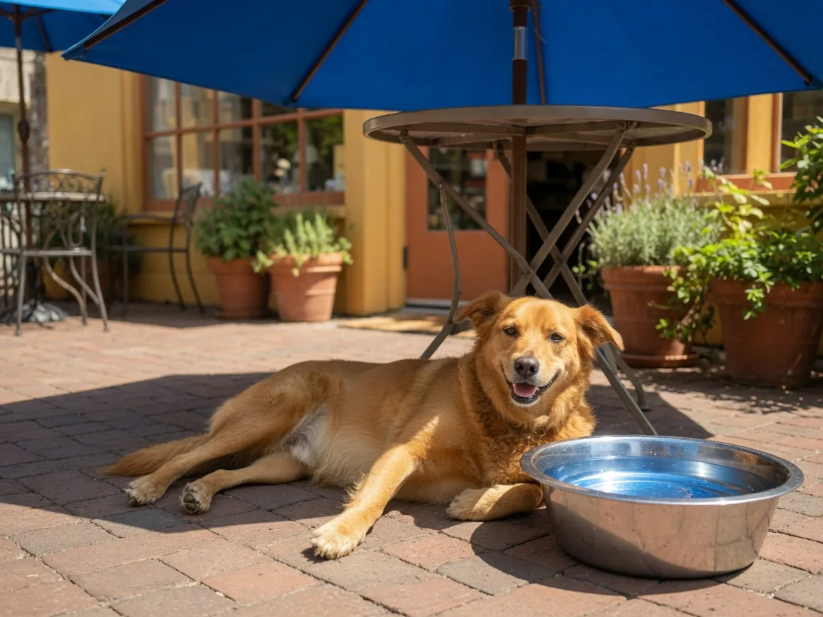 A happy golden-brown dog resting under an outdoor café table beside a water bowl on a sunny brick patio