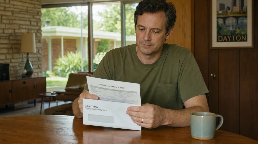 A homeowner in Dayton Ohio reviewing a 2026 property assessment notice at their kitchen table on a summer morning with natural light streaming through a window