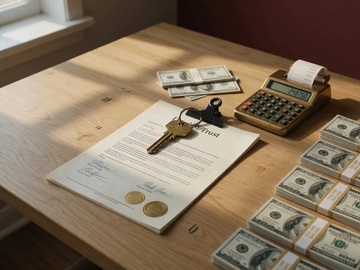 A deed of trust document, a house key on a banker's clip, and a brass calculator on a modern investor meeting table in warm light