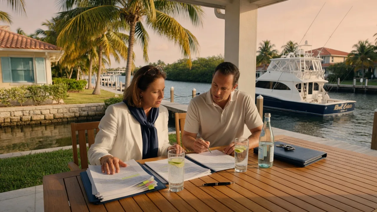 Real estate buyer and agent reviewing an offer document at a teak table overlooking a deep-water canal with a sportfishing yacht at golden hour