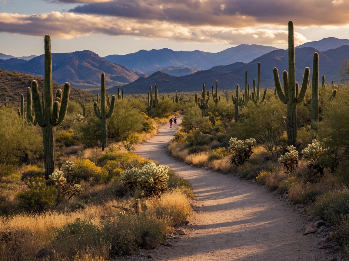Sonoran Desert hiking trail with saguaro cacti near Skyline Regional Park in Buckeye