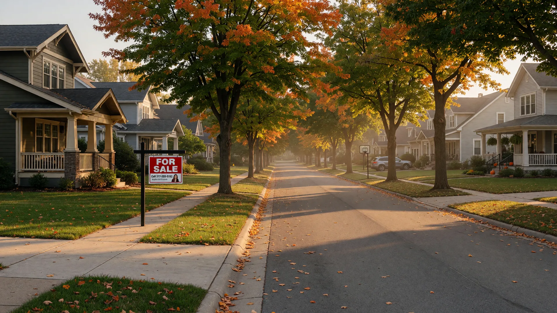 A tree-lined suburban street in central Indiana in early autumn with a For Sale sign in a front yard at golden hour