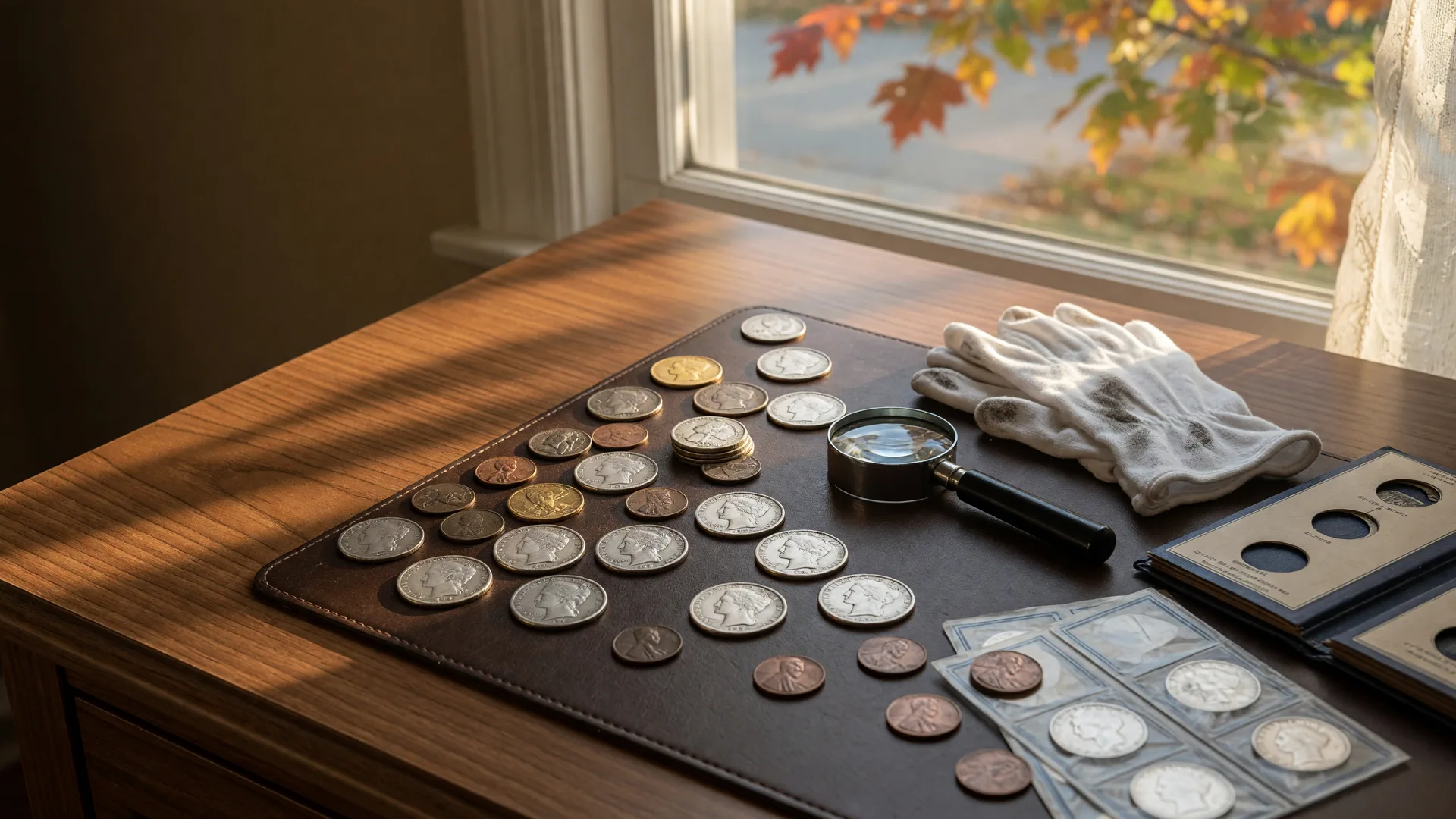 Coin collection spread across a walnut desk in a Northeast Ohio home, silver dollars, gold coins, and wheat pennies beside a magnifying loupe and white cotton gloves, with autumn leaves blurred in late October window light
