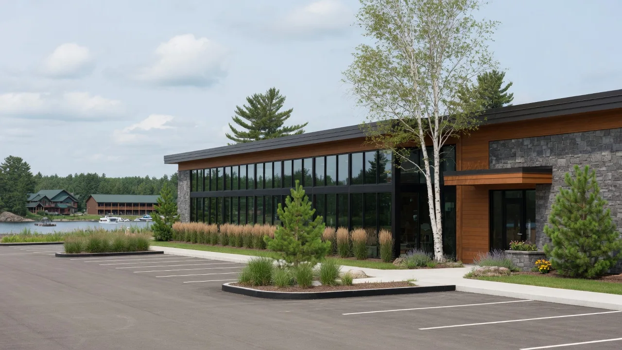 Modern commercial building in a northwoods Minnesota resort town