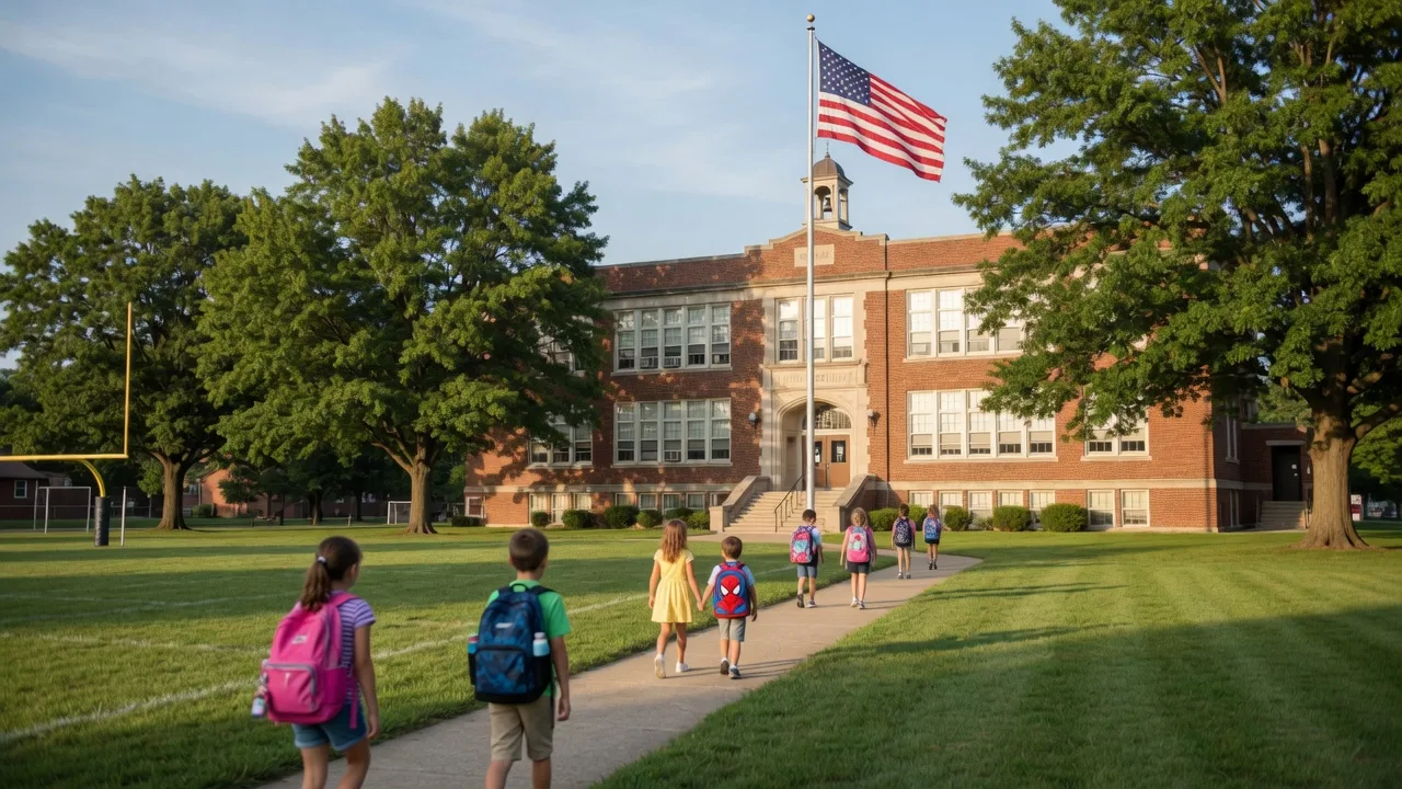 A classic brick elementary school in a Dayton Ohio suburb with green fields and mature trees on a bright late summer morning