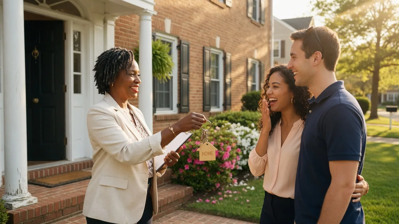 Young couple receiving house keys from a real estate agent at the front door of a colonial home in South Jersey