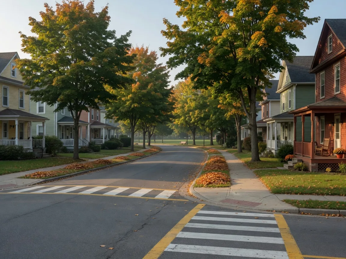 A quiet tree-lined Port Perry street with a school crosswalk on a September morning