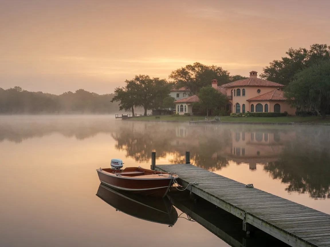 A still Florida lake at sunrise with a dock and a classic runabout boat