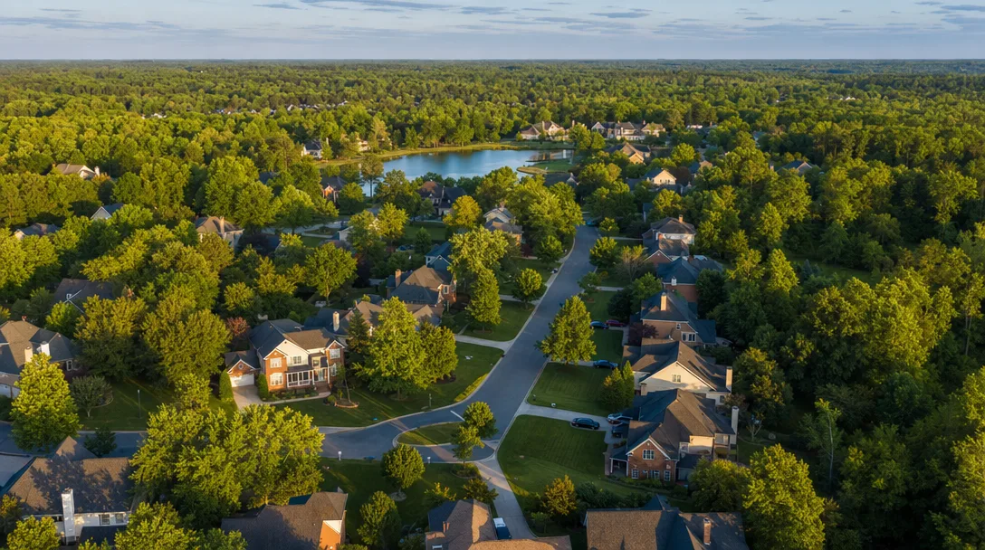 Aerial view of a vibrant residential neighborhood in the Raleigh Triangle NC