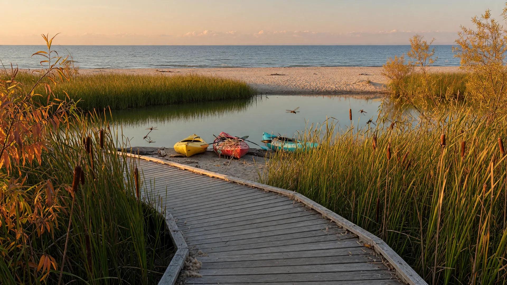 A wooden boardwalk winding through marsh grasses and cattails past a calm lagoon at Mentor Lagoons Nature Preserve in Mentor Ohio, with kayaks pulled up on the sandy bank and open Lake Erie beyond in golden-hour light