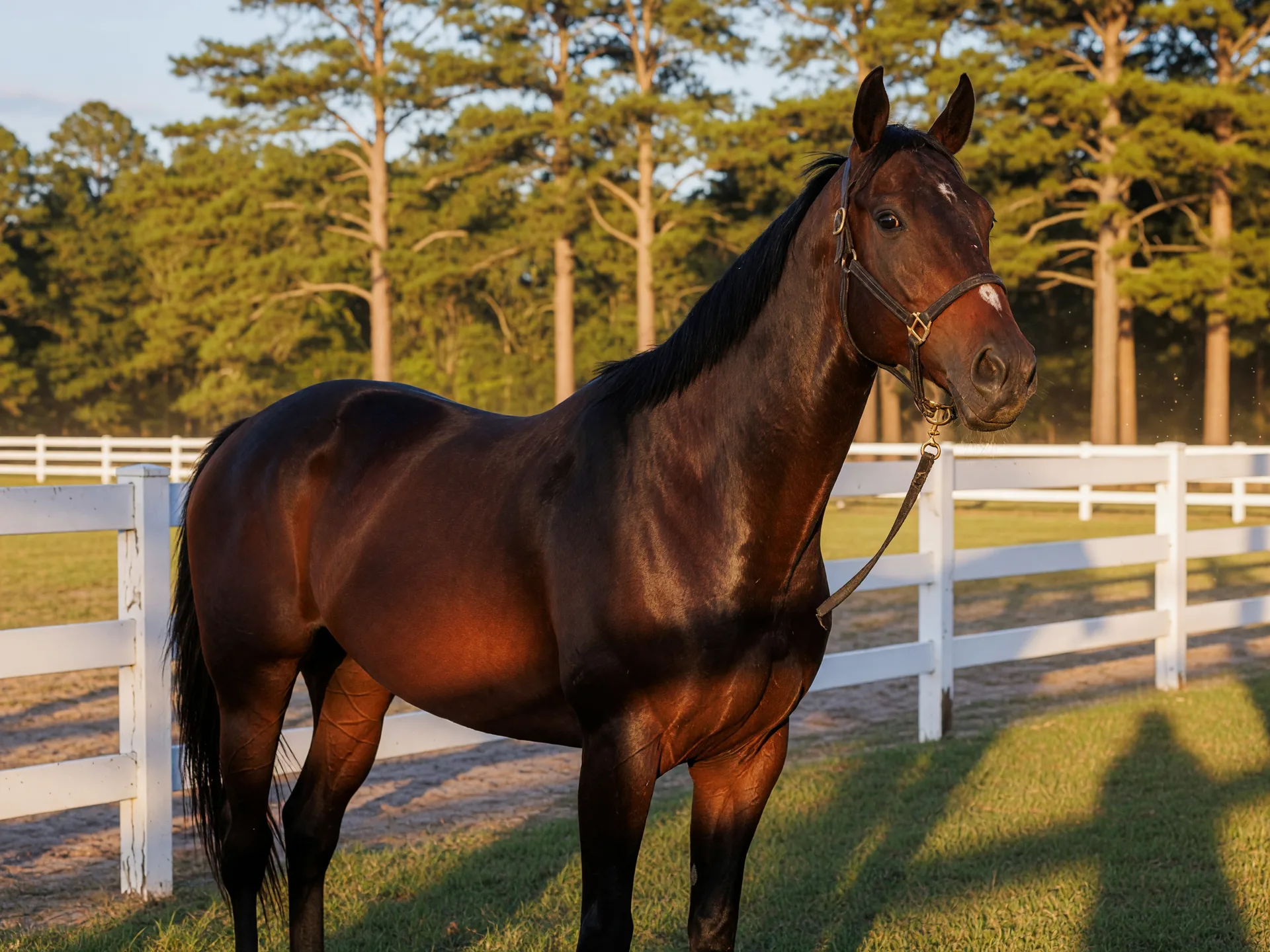 A 4:3 editorial photograph capturing a stately stallion standing in a sunlit paddock at an Aiken breeding farm with board fencing and tall pines in the background