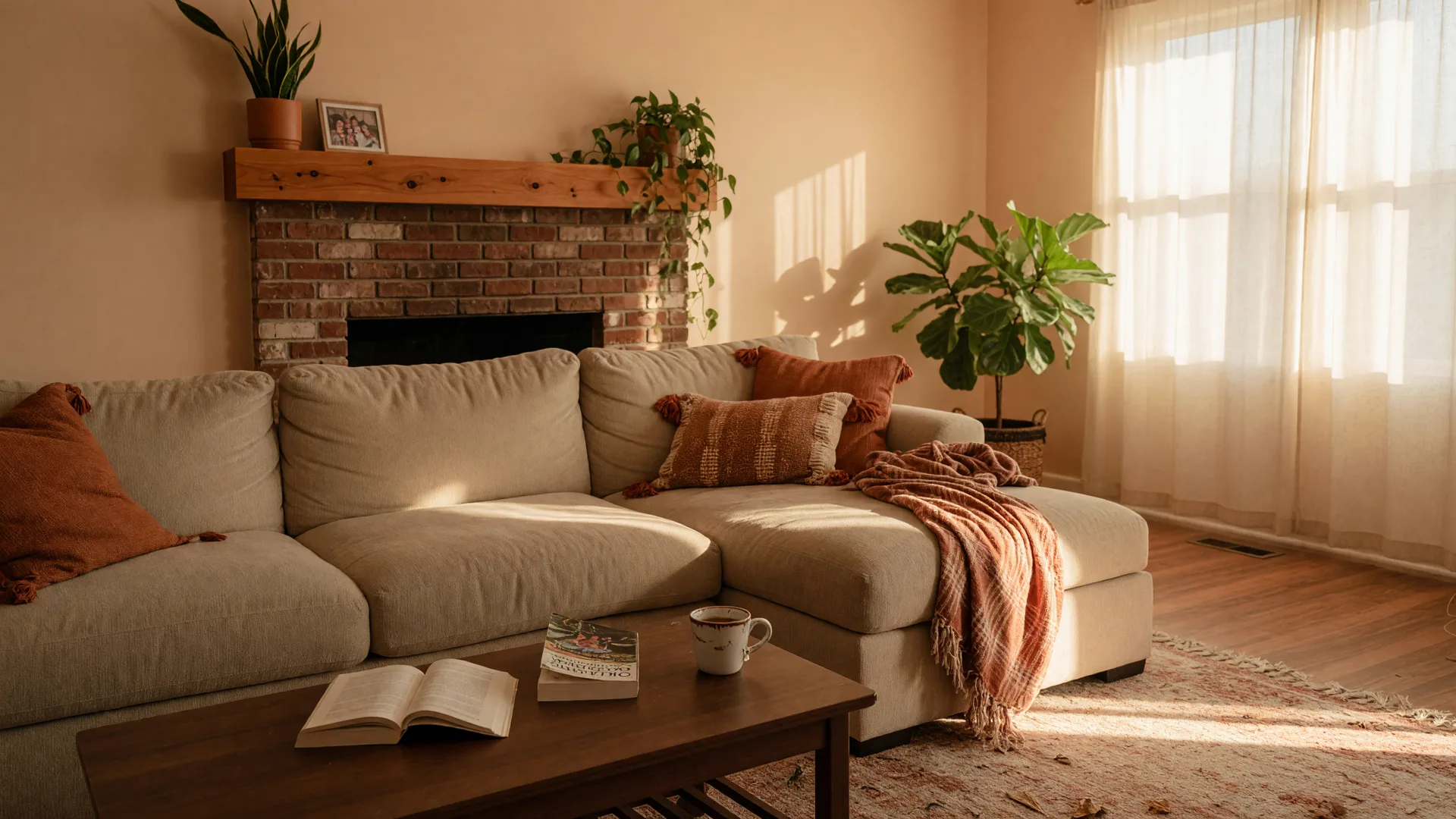 Cozy living room in an Oklahoma family home with a beige sectional, rust-orange pillows, and a brick fireplace in warm afternoon light