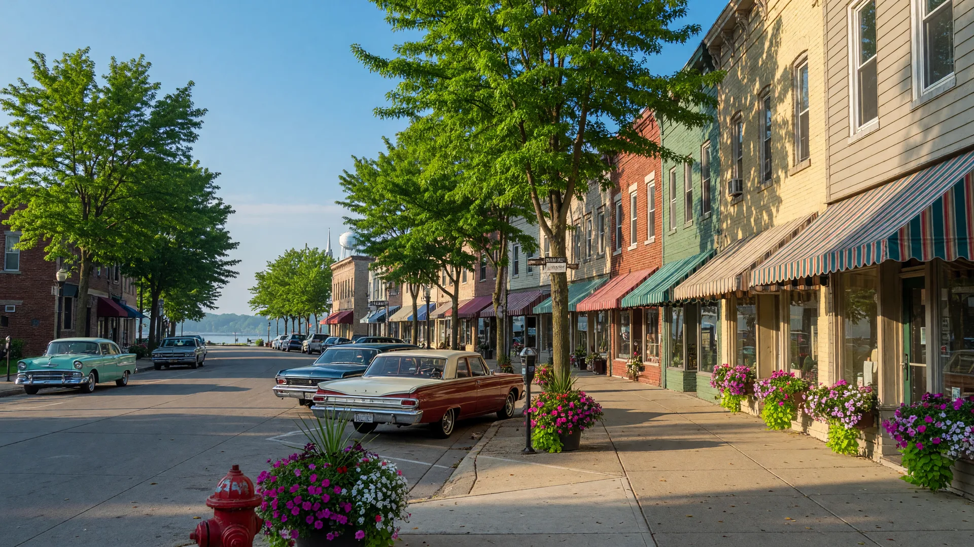 Small lake-town main street with awned storefronts on a summer morning